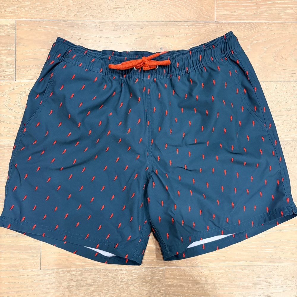 J. Crew Navy Swim Trunks with Red Lightning Print